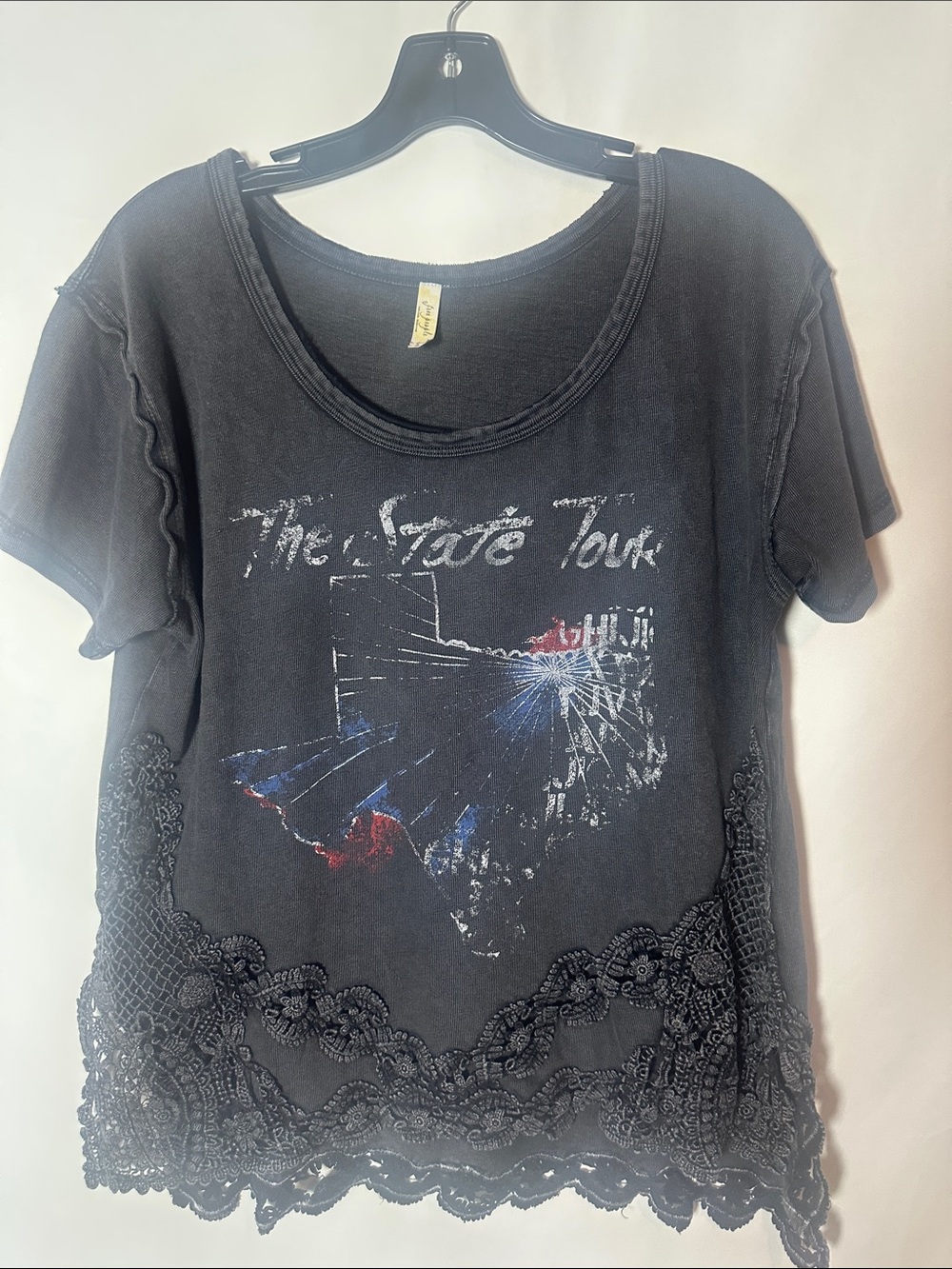 Free People Black Lace-Hem Graphic Tee with Faded Tour Print